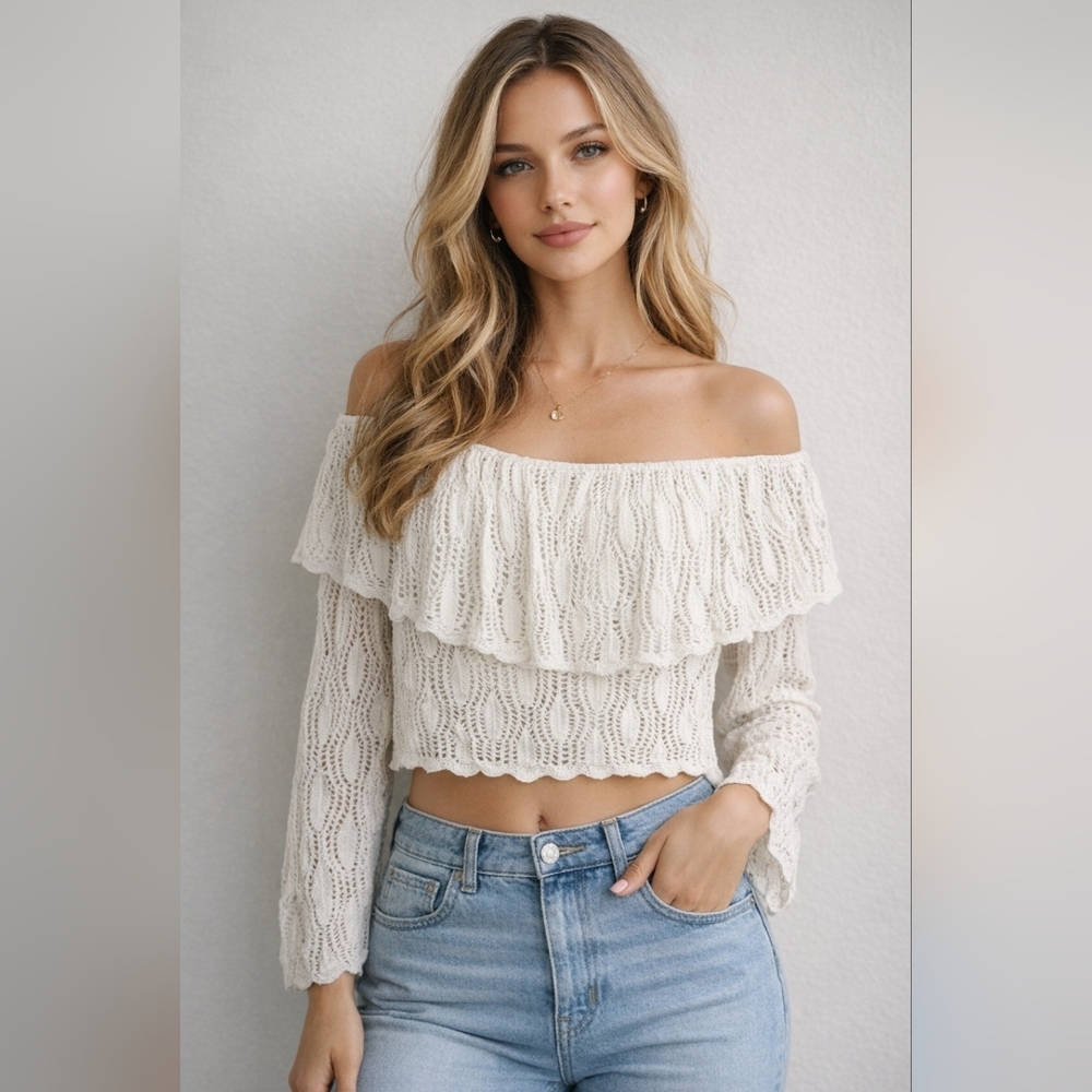Vintage Cottagecore Boho Knit Sweater Size M White Ivory Crochet Ruffle